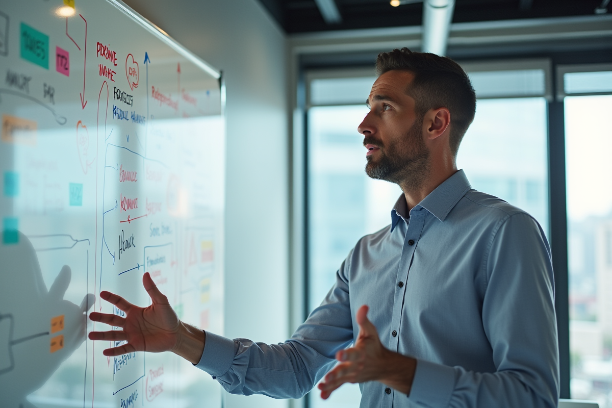 Homme expliquant une strategie devant un tableau blanc