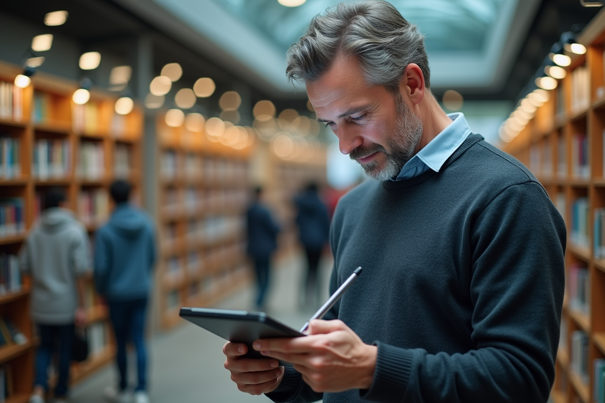 Homme en sweater lit un PDF sur une tablette en bibliothèque