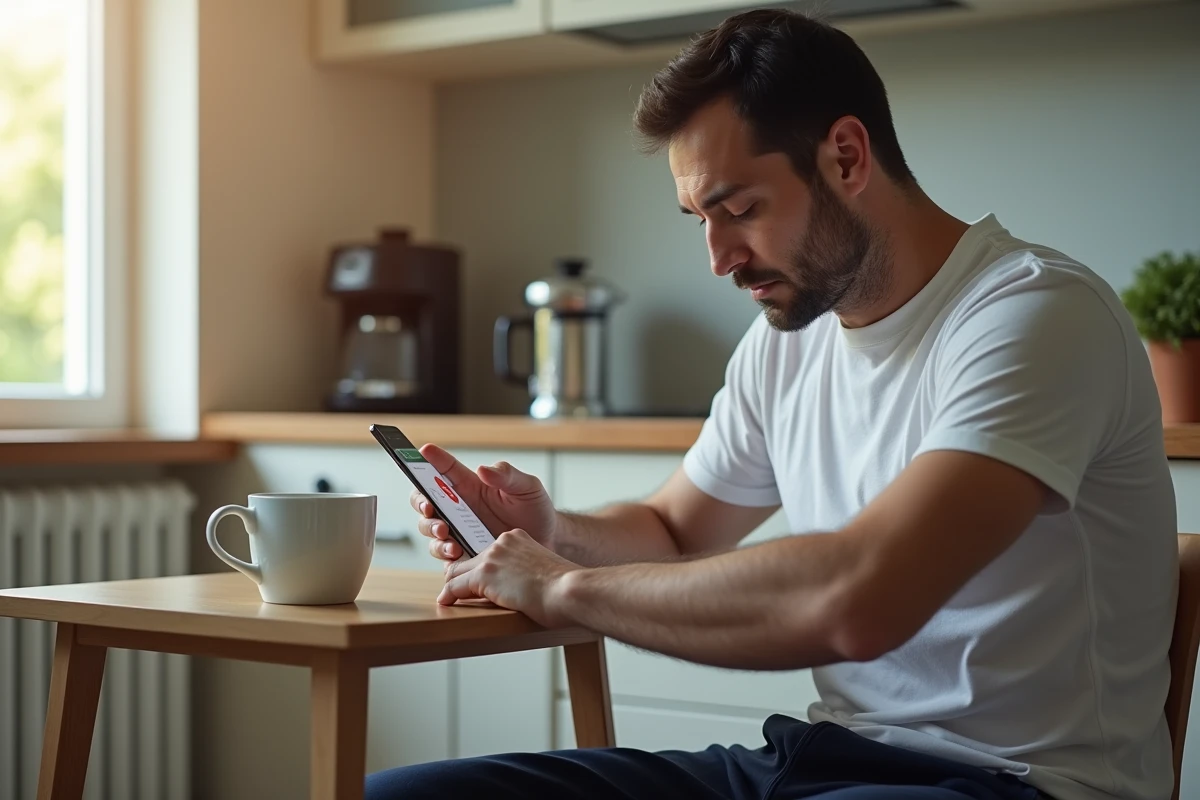Homme fatigué le matin programmant un message WhatsApp depuis son téléphone à la table de cuisine avec un café