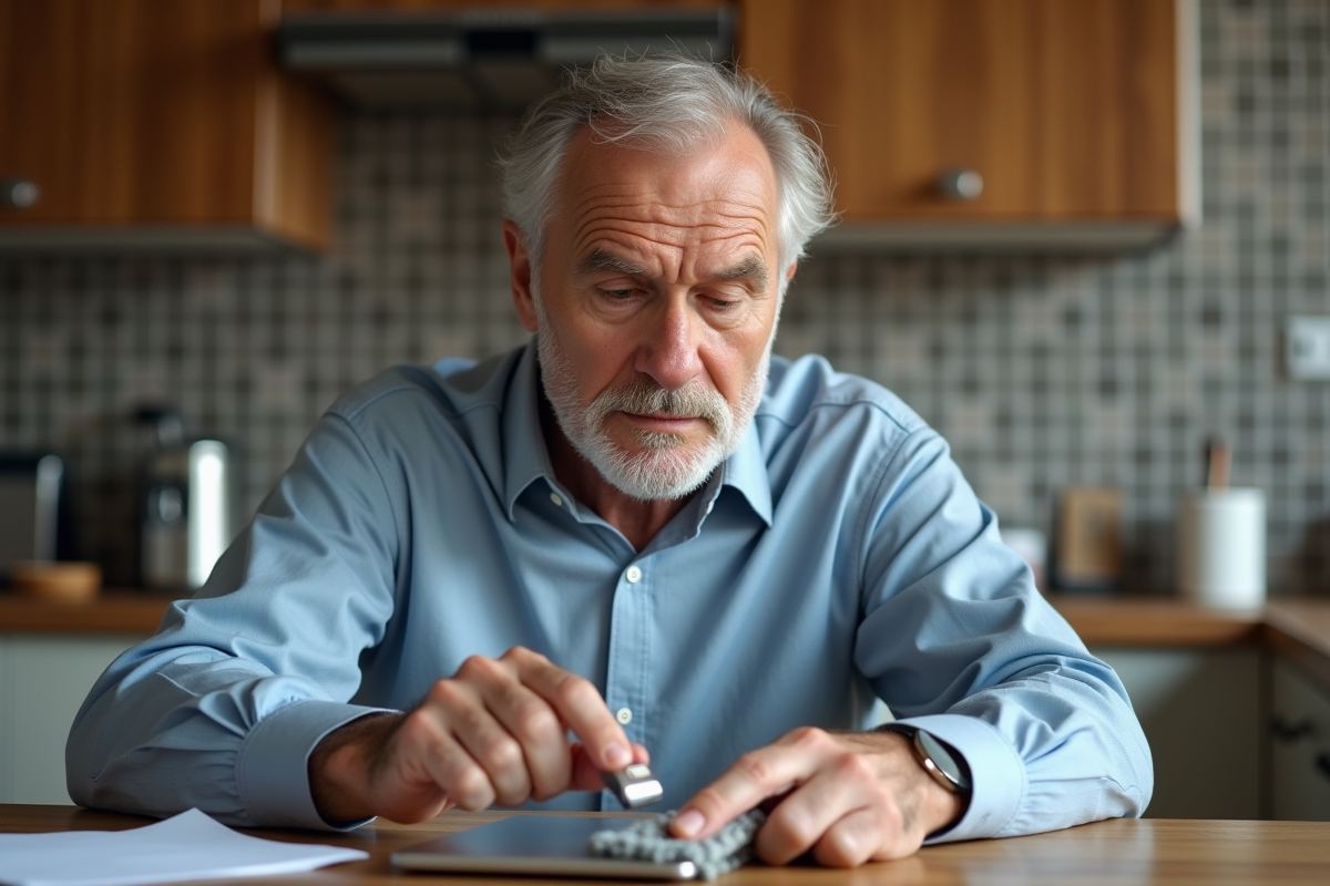 Homme âgé nettoyant une clé USB dans la cuisine