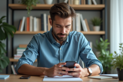 Homme concentré utilisant son smartphone dans un bureau moderne