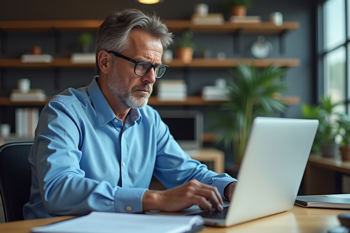 Homme d'âge moyen regardant un écran avec erreur HTTP 451