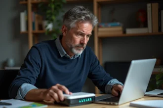 Homme d'âge moyen examinant un routeur WiFi à son bureau
