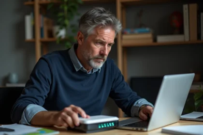 Homme d'âge moyen examinant un routeur WiFi à son bureau