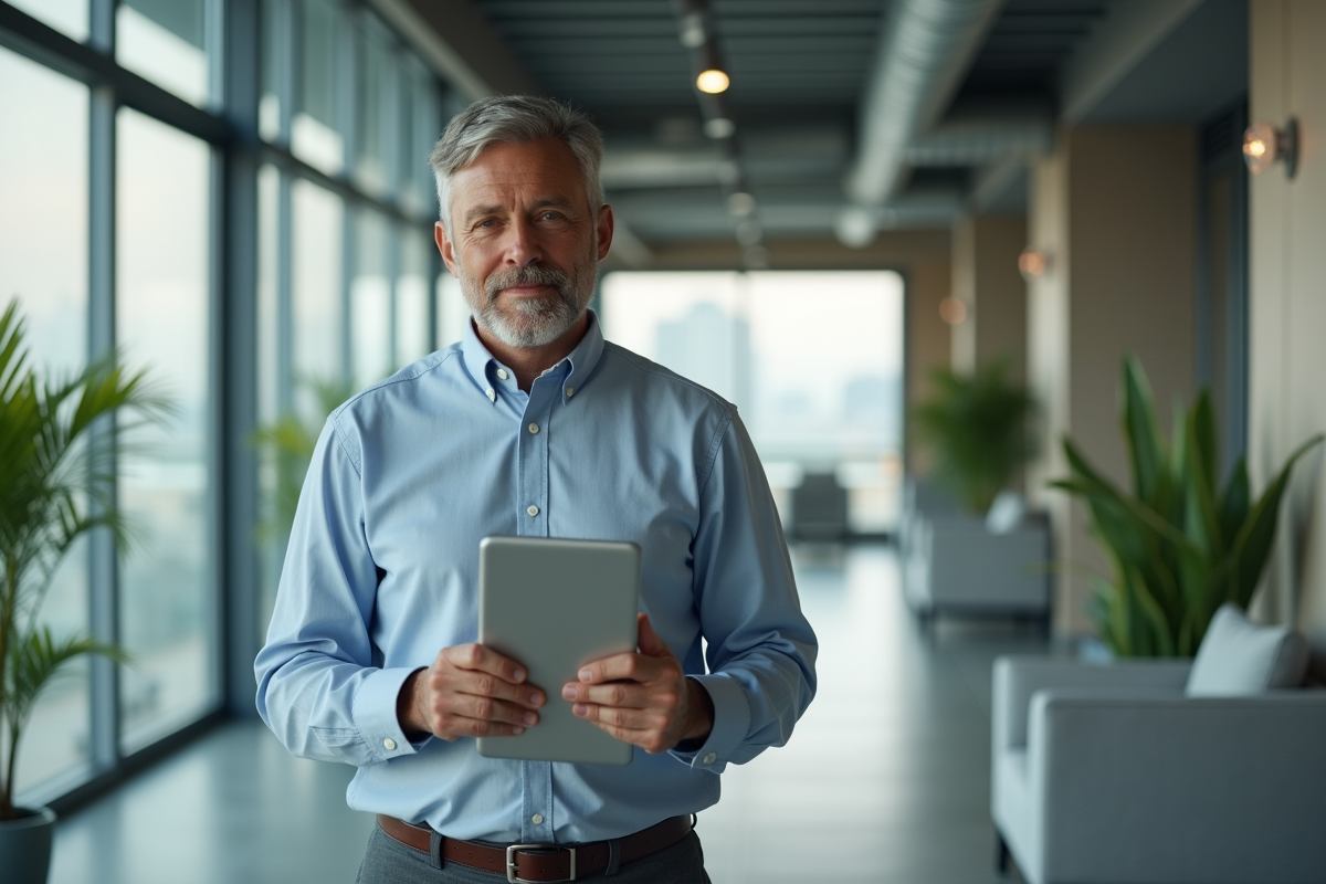Homme en costume posant une couverture de confidentialité