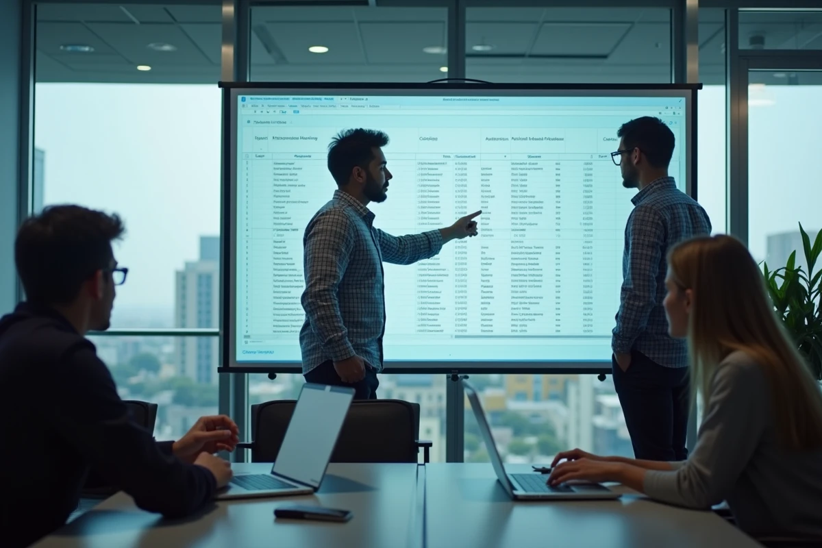 Homme expliquant un tableau croisé dynamique à ses collègues