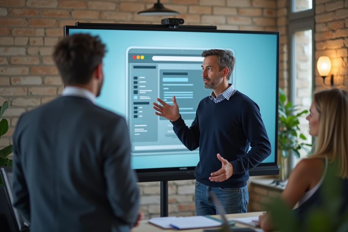 Homme présentant un site web à ses collègues dans un open space