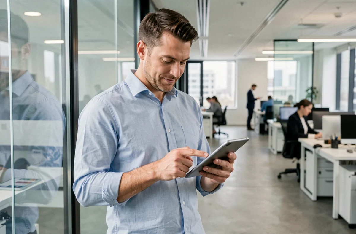 Homme professionnel utilisant le presse-papier Android entre tablette et smartphone en open space