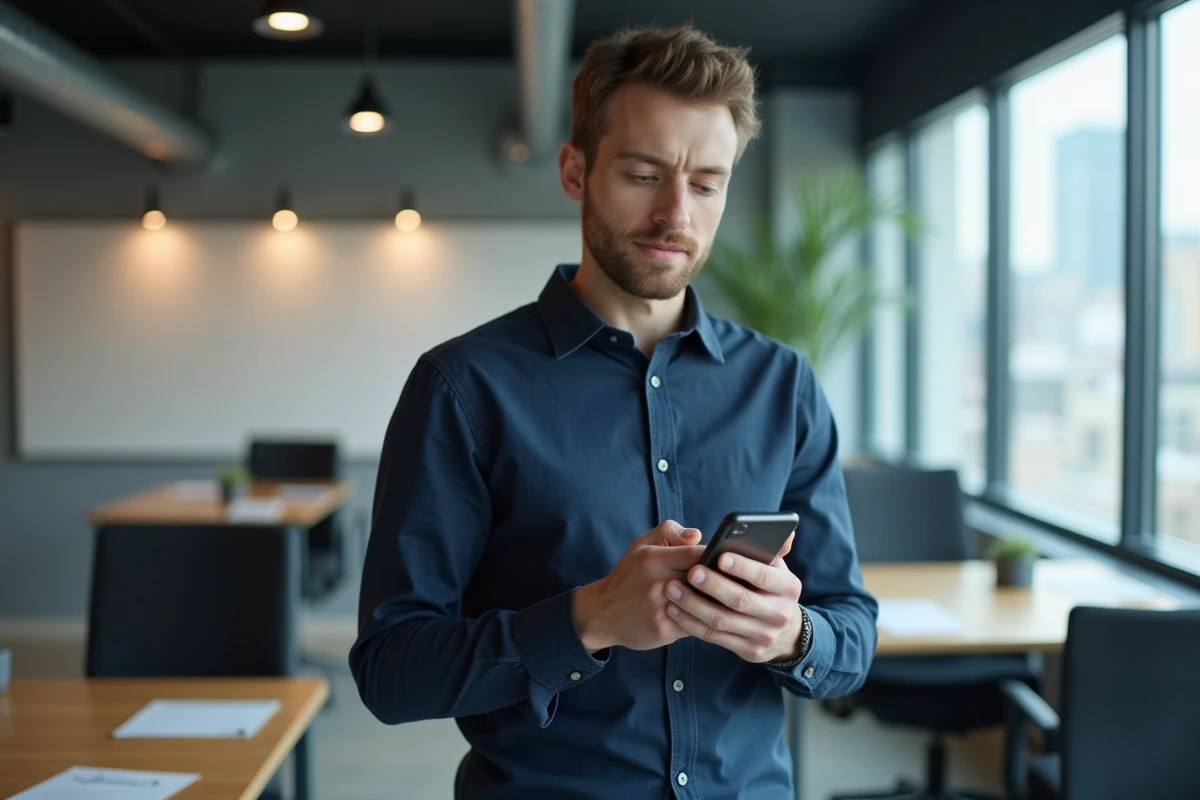 Homme utilisant WhatsApp pour programmer un message depuis son bureau professionnel