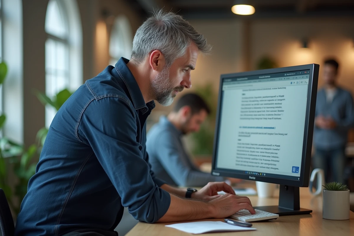 Homme professionnel analysant des statistiques de mots sur un grand écran dans un bureau moderne en open space