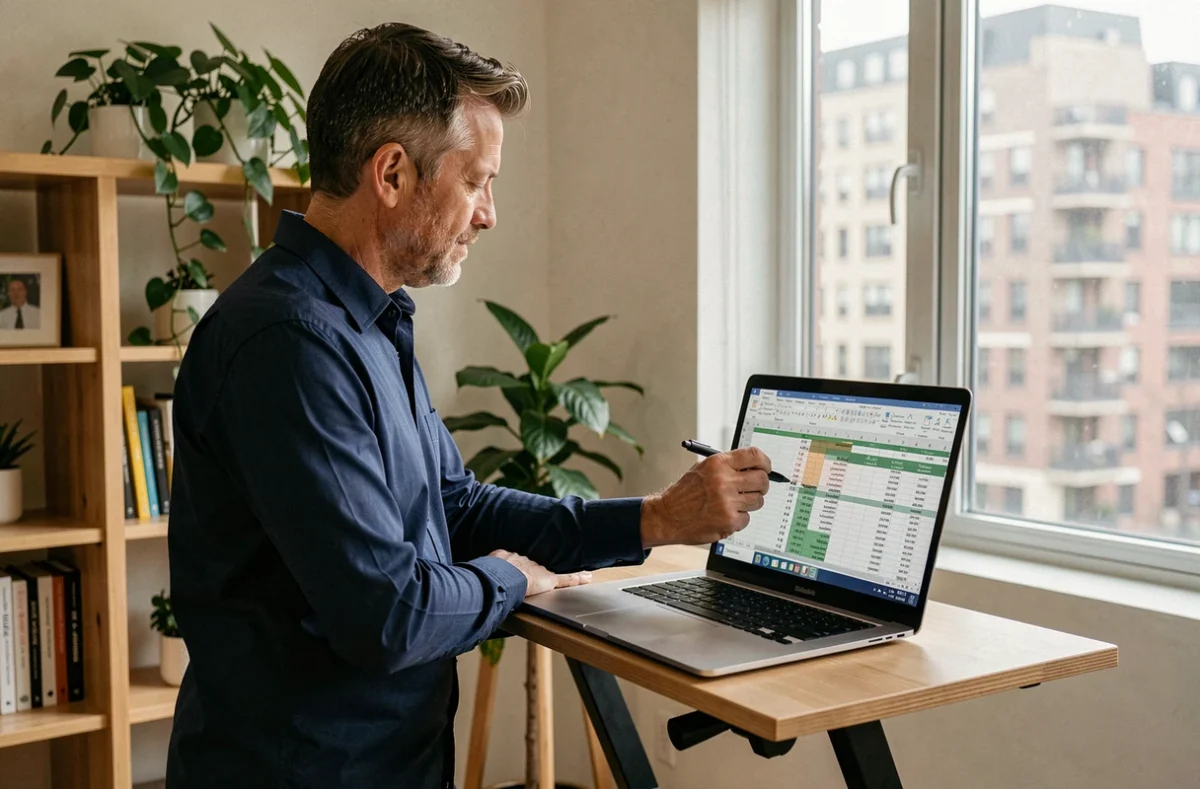 Homme debout devant un bureau avec un laptop affichant un tableau Excel en cours de réorganisation des colonnes et lignes