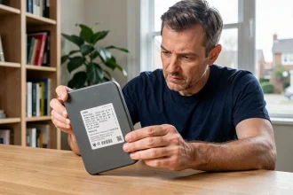 Homme consultant l'étiquette d'un routeur Wi-Fi domestique affichant une adresse IP privée