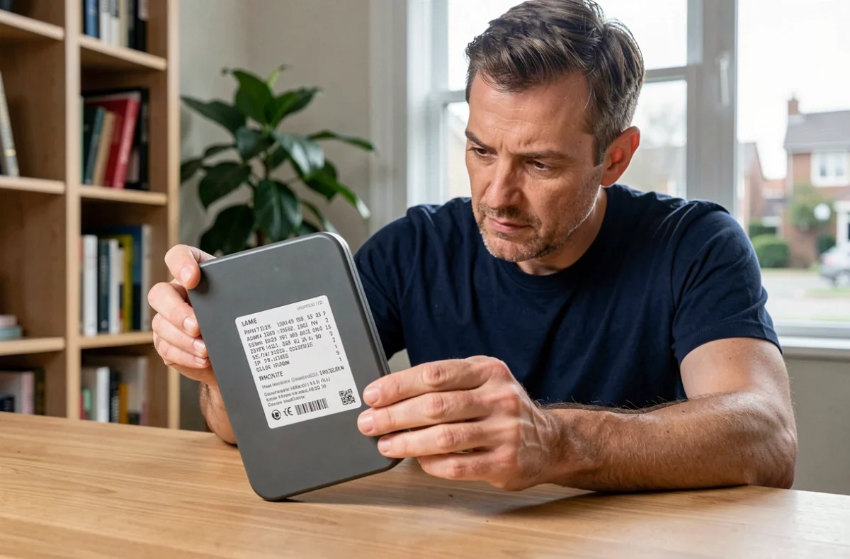 Homme consultant l'étiquette d'un routeur Wi-Fi domestique affichant une adresse IP privée