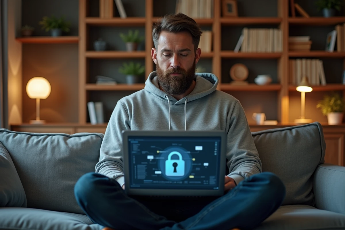 Homme travaillant sur un logiciel de sécurité système depuis son bureau à domicile avec un environnement tech authentique