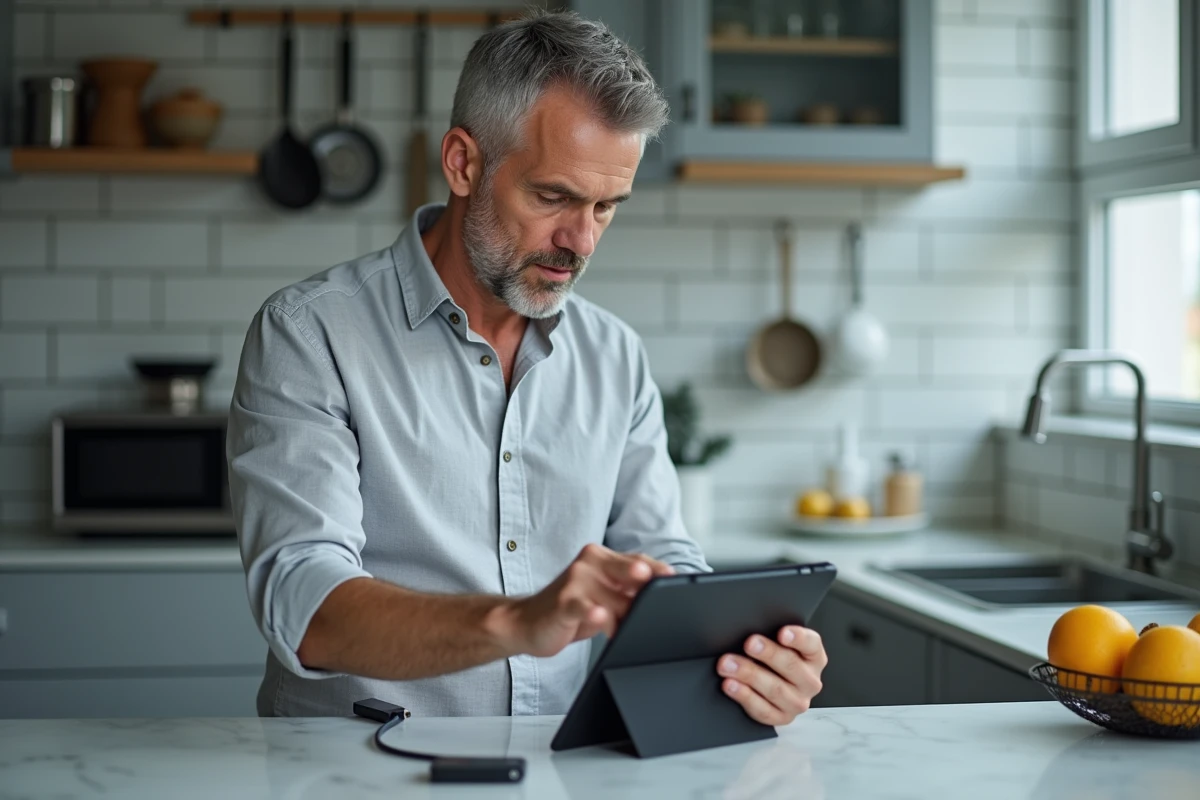Homme sélectionnant des titres musicaux sur une tablette pour les copier sur clé USB avant un mariage