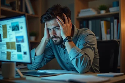 Homme stressé devant un écran d'ordinateur surchargé d'informations, symbolisant la surcharge informationnelle et le rapport complexe à l'actualité numérique