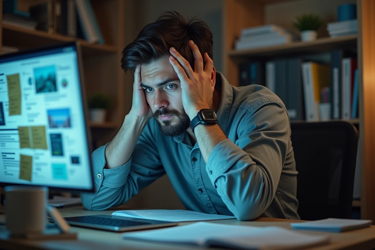 Homme stressé devant un écran d'ordinateur surchargé d'informations, symbolisant la surcharge informationnelle et le rapport complexe à l'actualité numérique