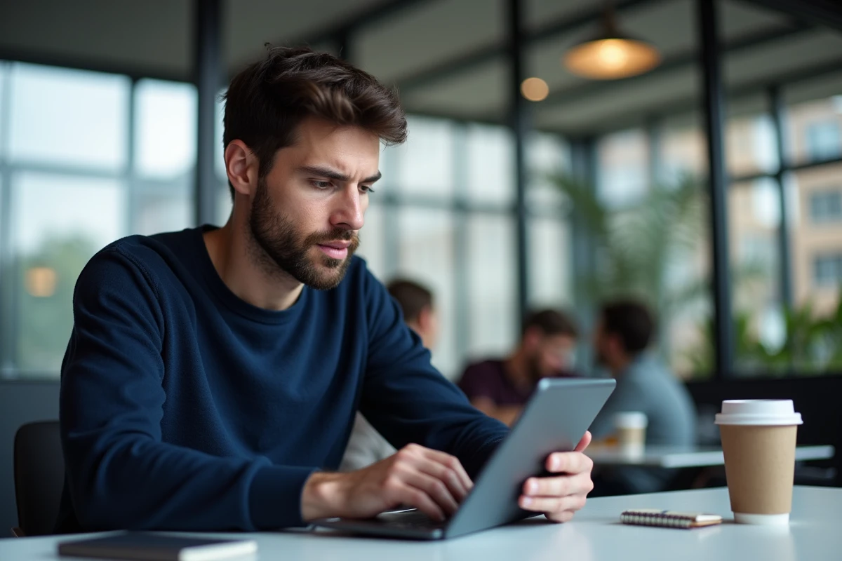 Homme téléchargeant un long mix audio sur tablette dans un espace de coworking moderne