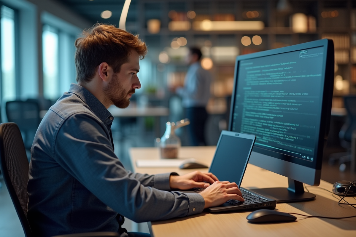 Homme concentré travaillant sur son ordinateur dans un bureau moderne