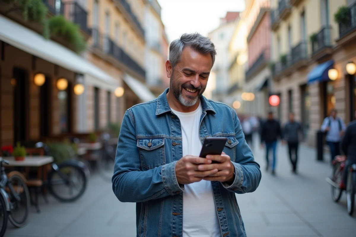 Homme d âge moyen partageant une photo en extérieur
