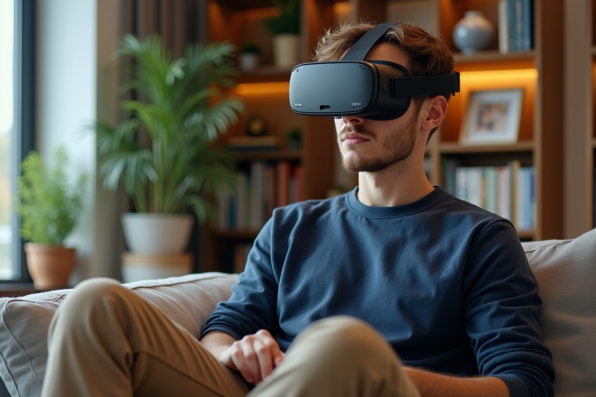 Jeune homme avec casque VR dans un salon moderne