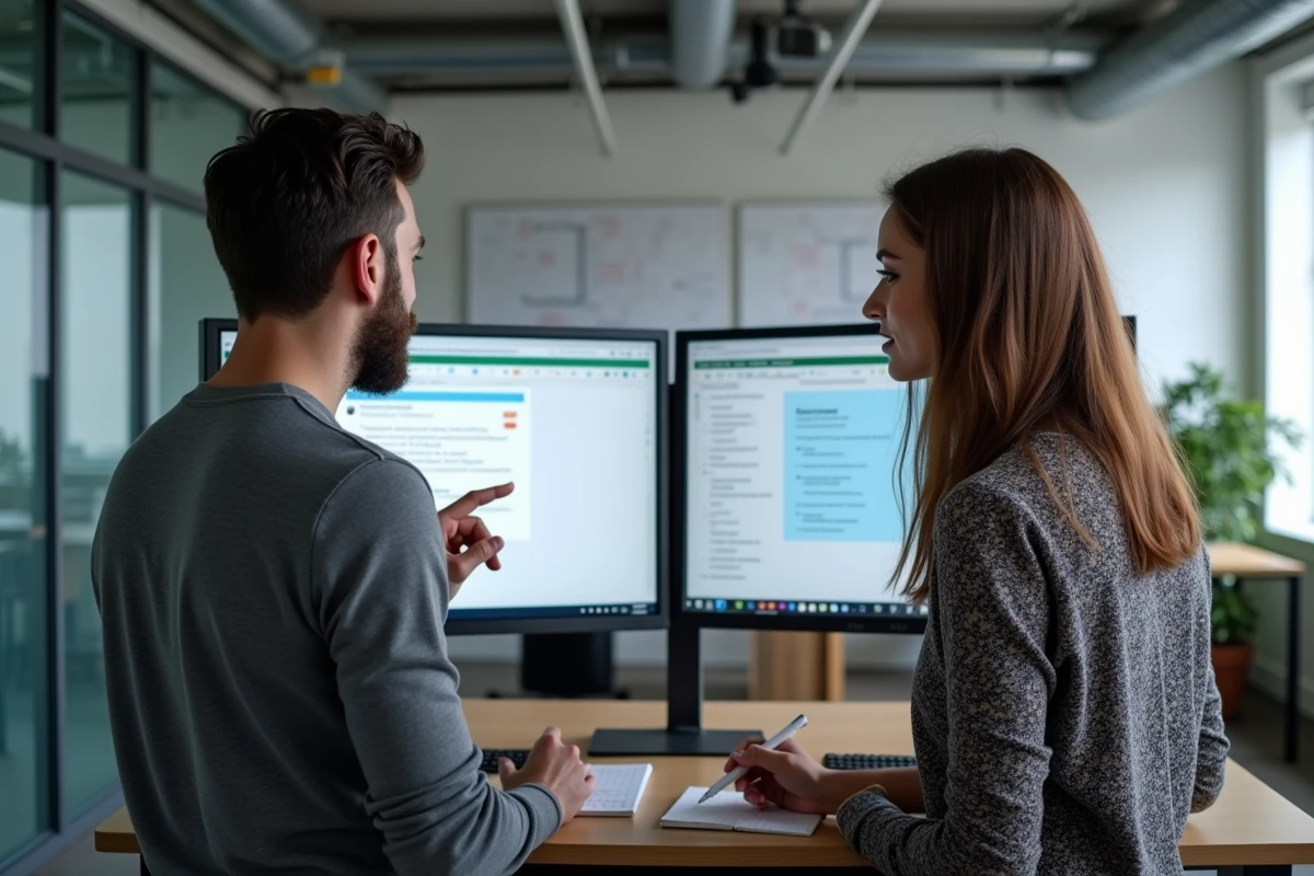 Deux ingénieurs logiciels comparant un placement CSS défaillant et correct sur des écrans doubles dans un bureau de startup
