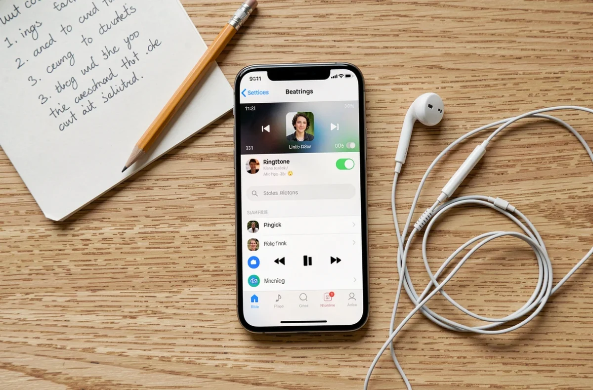 Vue de dessus d'un iPhone affichant les paramètres de sonnerie avec des écouteurs et un bloc-notes sur une table en bois