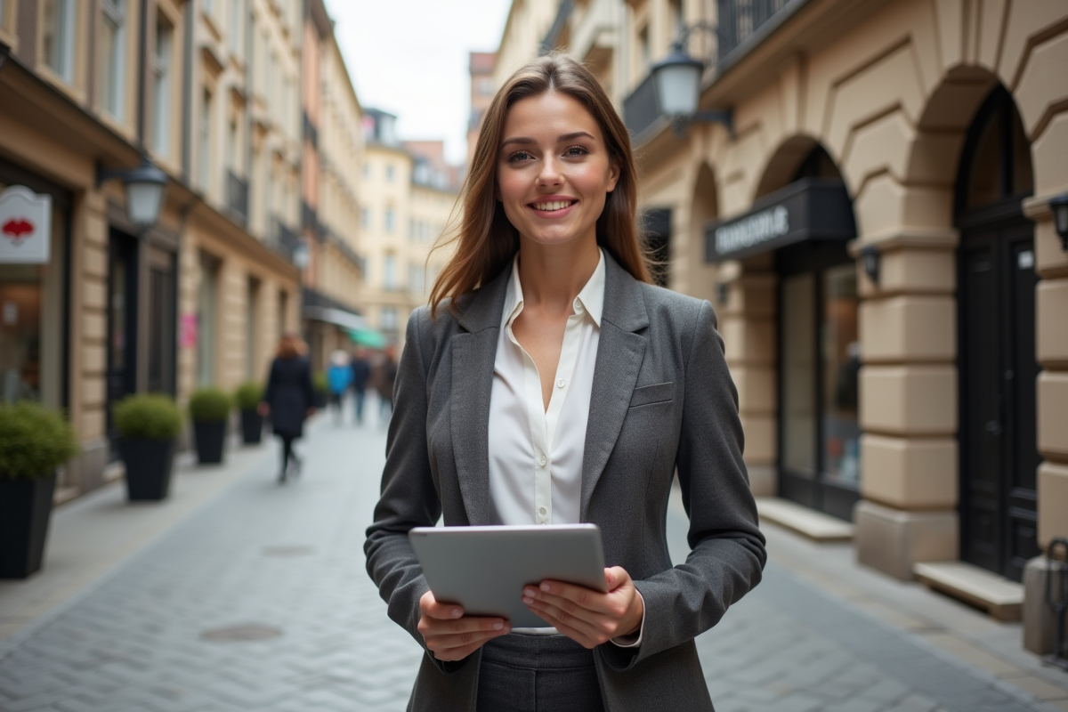 Jeune femme entrepreneure avec tablette dans une place urbaine historique
