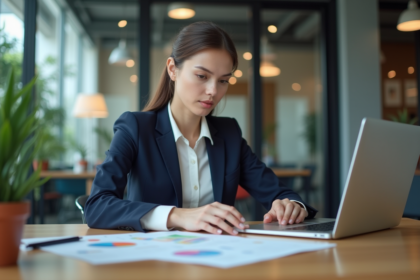 Jeune femme en bureau analysant un tableau coloré sur son ordinateur