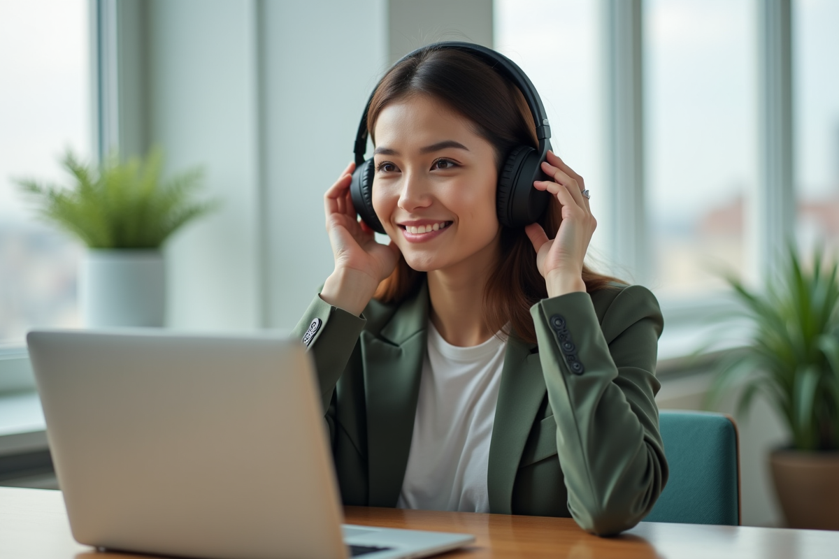 Jeune femme au bureau ajustant ses écouteurs