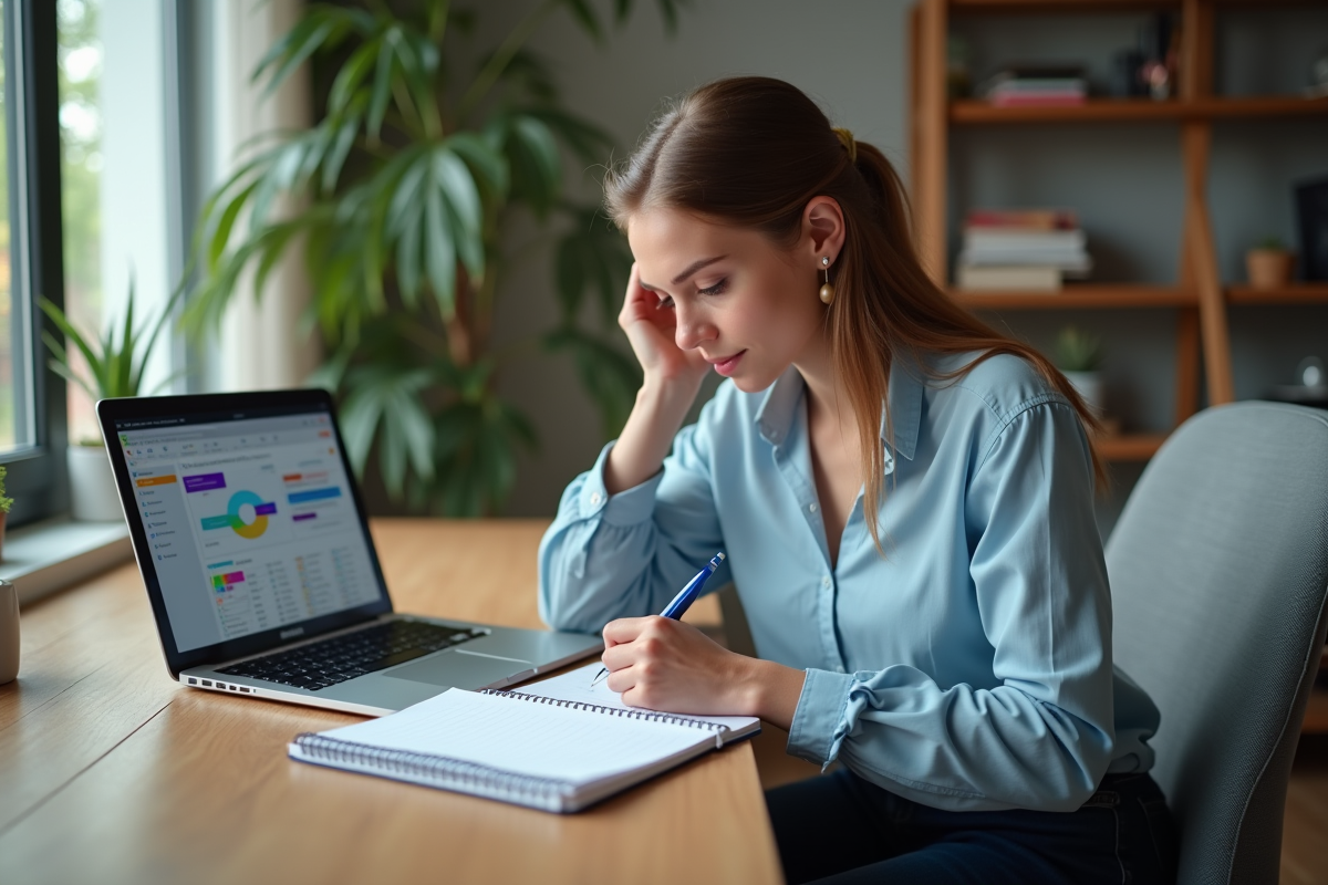 Jeune femme au bureau à domicile en blouse bleue