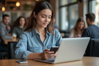 Jeune femme en café utilisant son ordinateur et smartphone