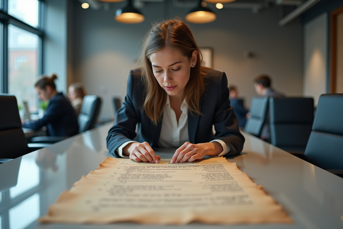 Jeune femme regarde un code ancien sur une impression dans un espace moderne