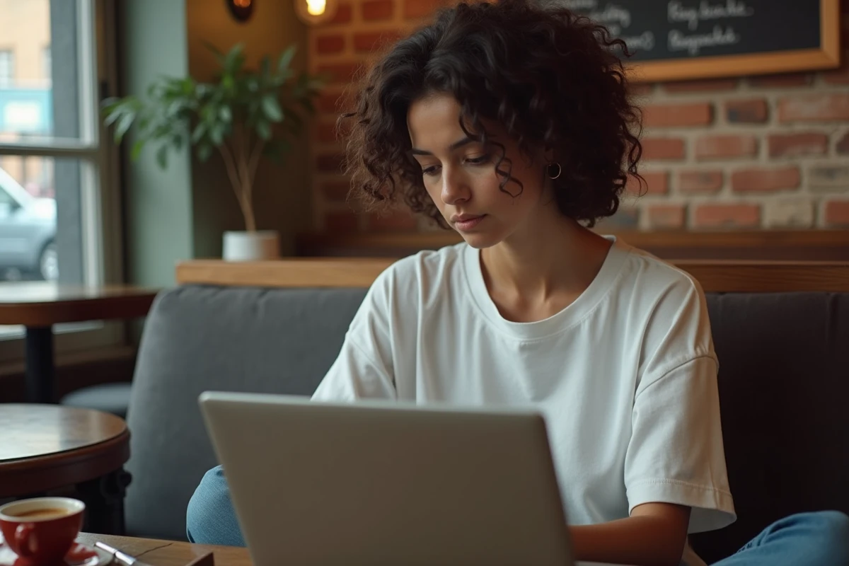 Jeune femme écrivant dans un café avec un compteur de progression de mots visible sur son ordinateur portable