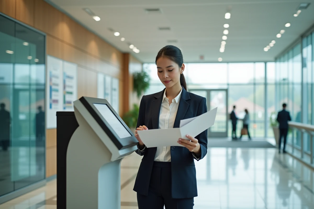 Jeune employée publique scannant des documents au kiosque