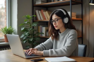Jeune femme écouteurs travaille sur son ordinateur pour son podcast