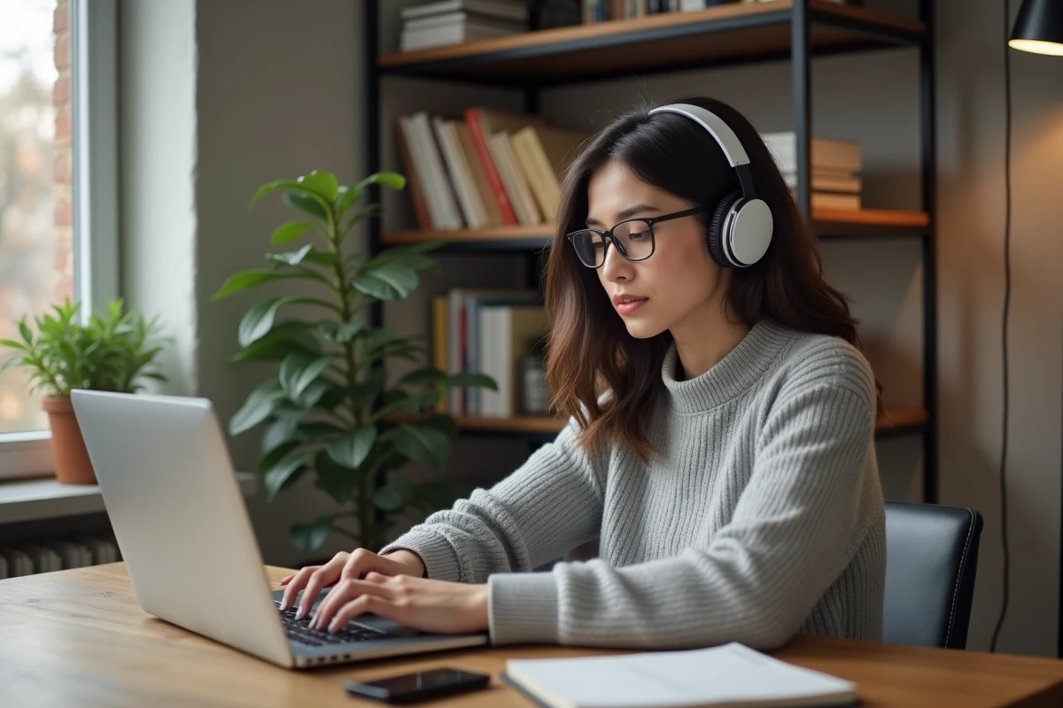 Jeune femme écouteurs travaille sur son ordinateur pour son podcast