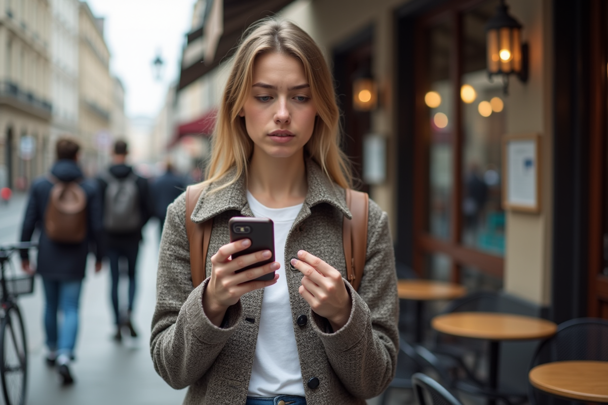 Jeune femme regardant une notification de restriction HTTP 451 en ville