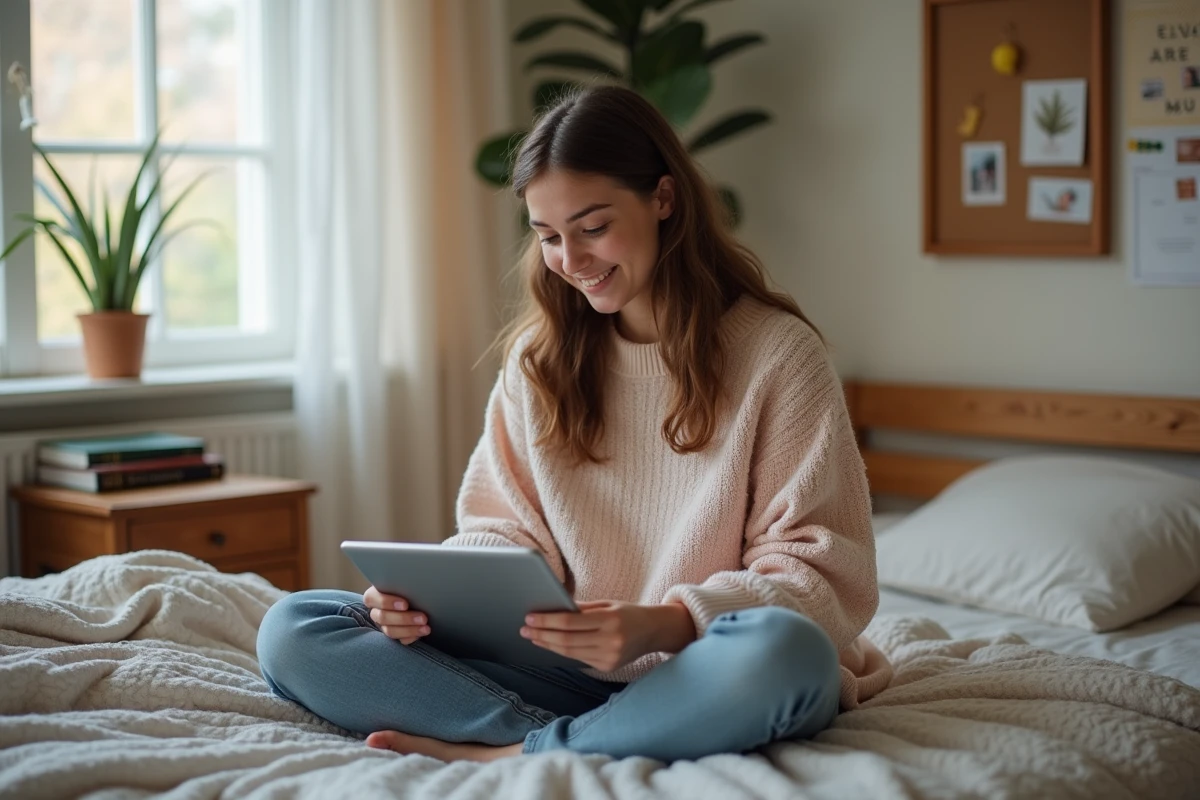 Jeune femme assise sur son lit utilisant une tablette dans une chambre cosy