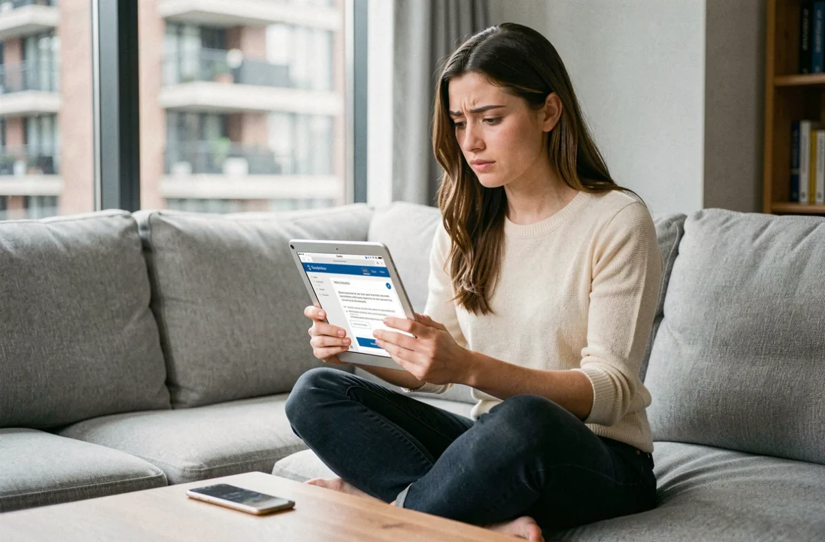 Jeune femme consultant une page de dépannage pour résoudre un problème de connexion à son compte webmail