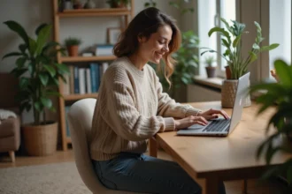 Jeune femme souriante en intérieur lors de l upload d une photo