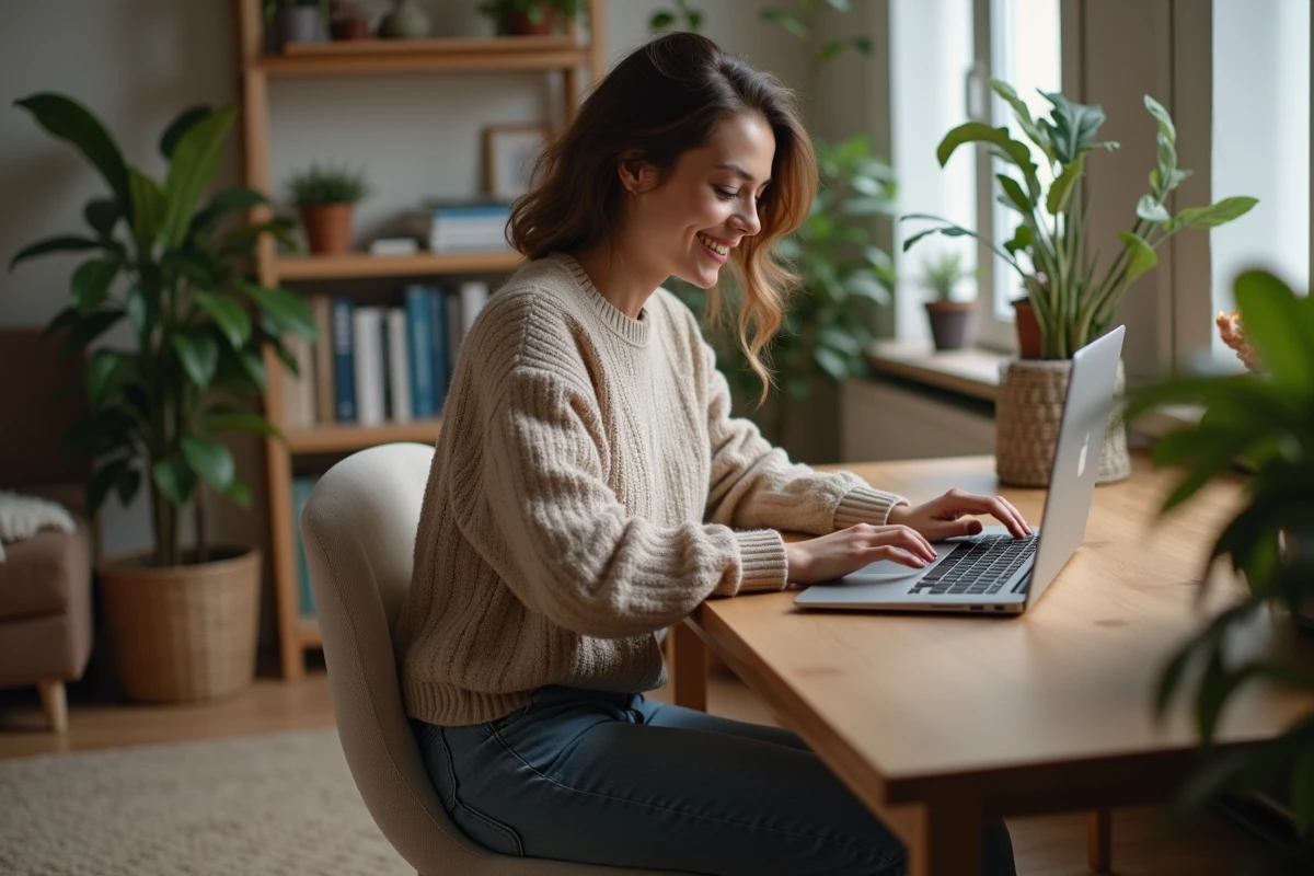 Jeune femme souriante en intérieur lors de l upload d une photo
