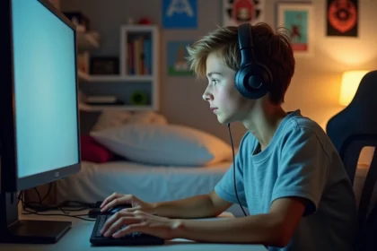 Jeune garçon concentré devant son ordinateur gaming