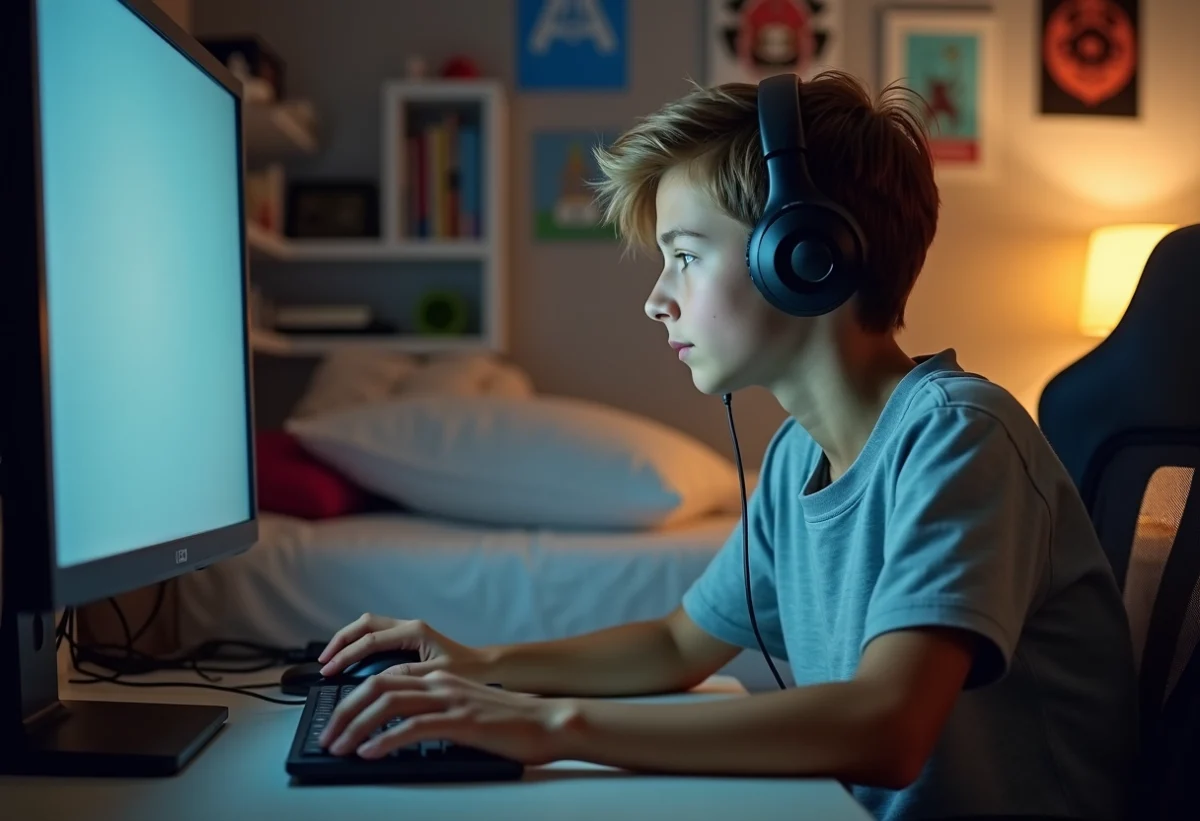 Jeune garçon concentré devant son ordinateur gaming