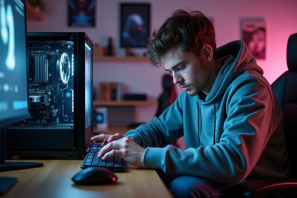 Jeune homme gamer installant une carte graphique dans un PC