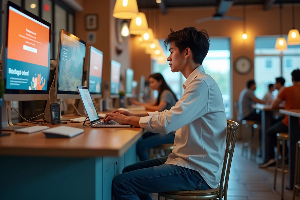 Jeune homme au café avec ordinateur portable orange