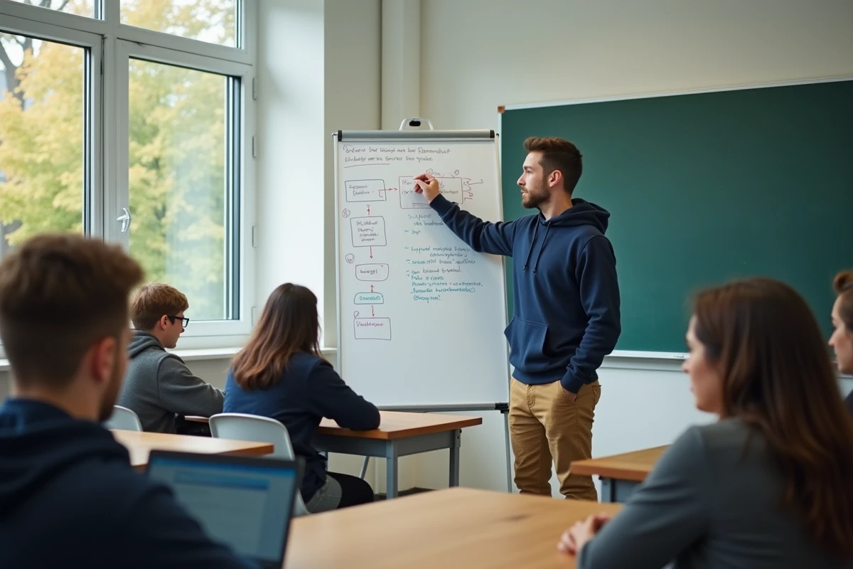 Jeune homme dessinant un diagramme Python en classe