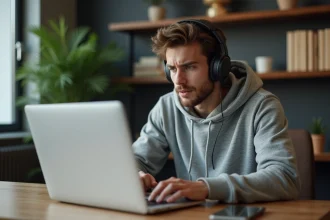 Jeune homme avec casque et hoodie dans un bureau à domicile