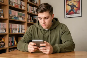 Jeune homme jouant à Pokémon Emeraude sur une Game Boy Advance dans une chambre rétro gaming