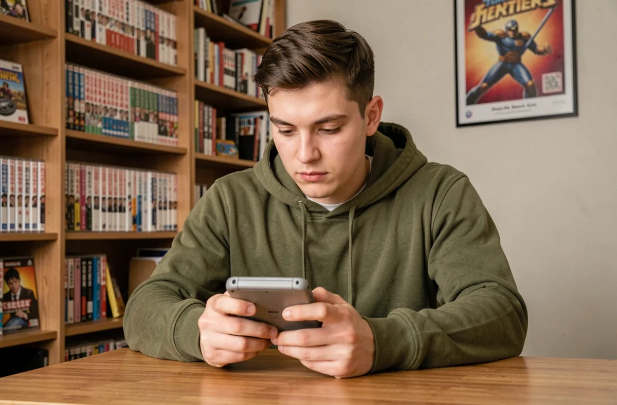 Jeune homme jouant à Pokémon Emeraude sur une Game Boy Advance dans une chambre rétro gaming